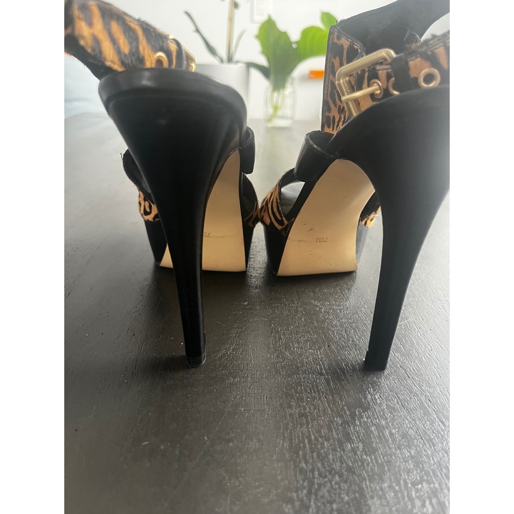 Guess Leopard Print Calf Hair Platform Stiletto Sandals Peep Toe Slingback - Picture 6 of 15